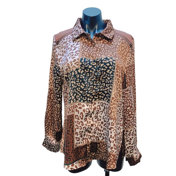 NWT A.Z.I Animal Print Button-up Blouse Faux Leather Shoulder Details Size L - Picture 1 of 8